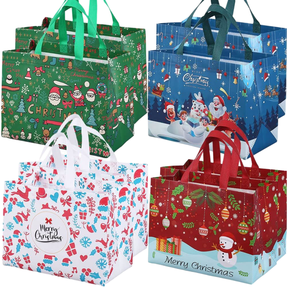 6 Pack Christmas Tote Bags – Extra Large Reusable Gift & Shopping Bags