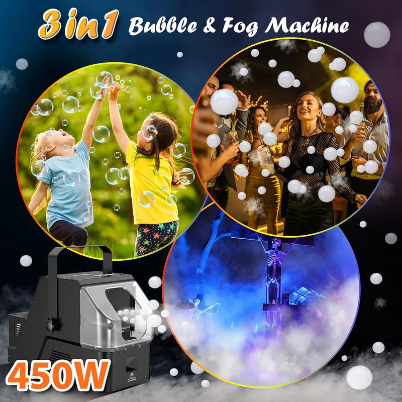 3-in-1 Bubble Fog Machine – 450W Colorful Fogger with Remote for Parties & Events