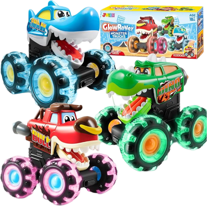 3 Pack Monster Truck Toy - Motion Activated Light-Up Cars for Toddlers - Monster Treads Lightning Wheels - Baby Toy Press & Go Cars for Boys Girls