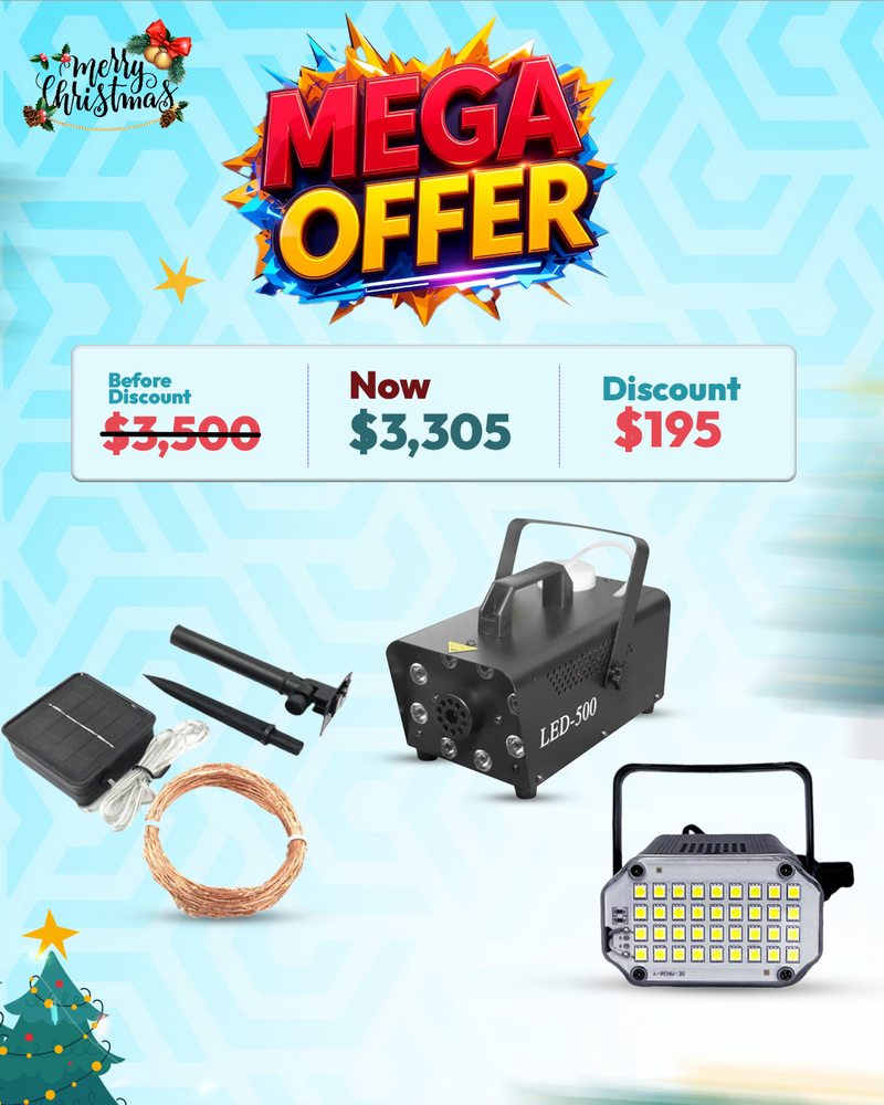 4 Pack Solar Waterproof String Fairy Lights for Outdoor Décor & 500W Smoke Machine with LED Lights & 2 Pack Mini White LED Strobe Lights