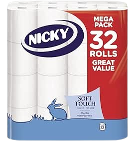 Nicky Soft Touch Toilet Tissue |Extra Value Pack – 32 Rolls of Extra Gentle White Toilet Paper |190 Sheets per Roll| 2-ply | Soft Tissue | Modern Embossing |Easy Opening | 100% FSC Certified Paper
