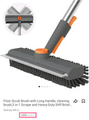 Floor Scrub Brush with Long Handle, Household Cleaning Brush with Right Angled Bristle & Scraper, 360° Swivel Heads, Shower Scrubber for Patio Bathroom Garage Kitchen Wall Deck Til