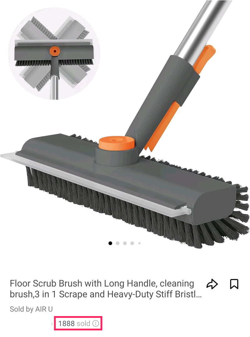 Floor Scrub Brush with Long Handle, Household Cleaning Brush with Right Angled Bristle & Scraper, 360° Swivel Heads, Shower Scrubber for Patio Bathroom Garage Kitchen Wall Deck Til