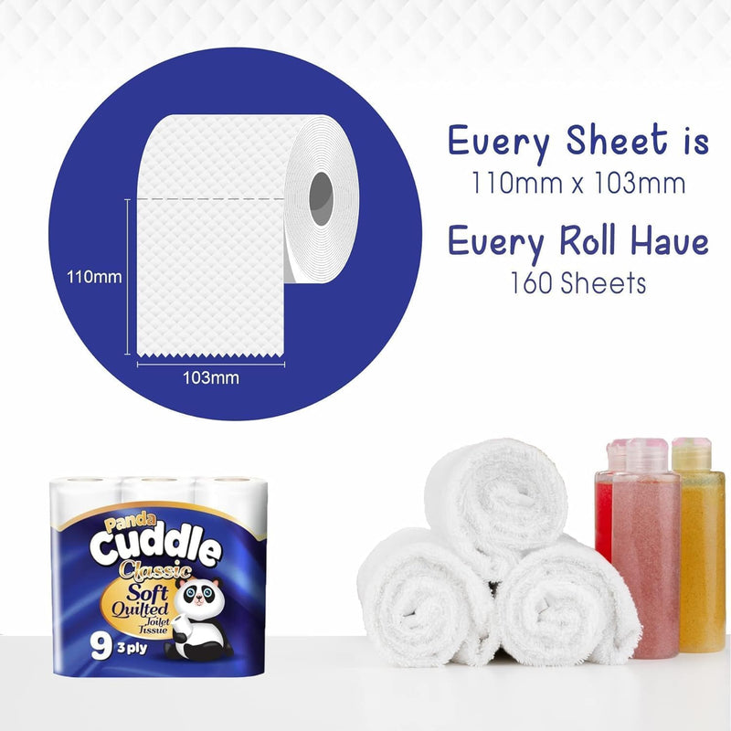 Panda Cuddle Soft Quilted Toilet Rolls, Super Quality Classic 3 Ply Toilet Tissue Unscented, Provide Ultimate Quilted Comfort - 90 Rolls