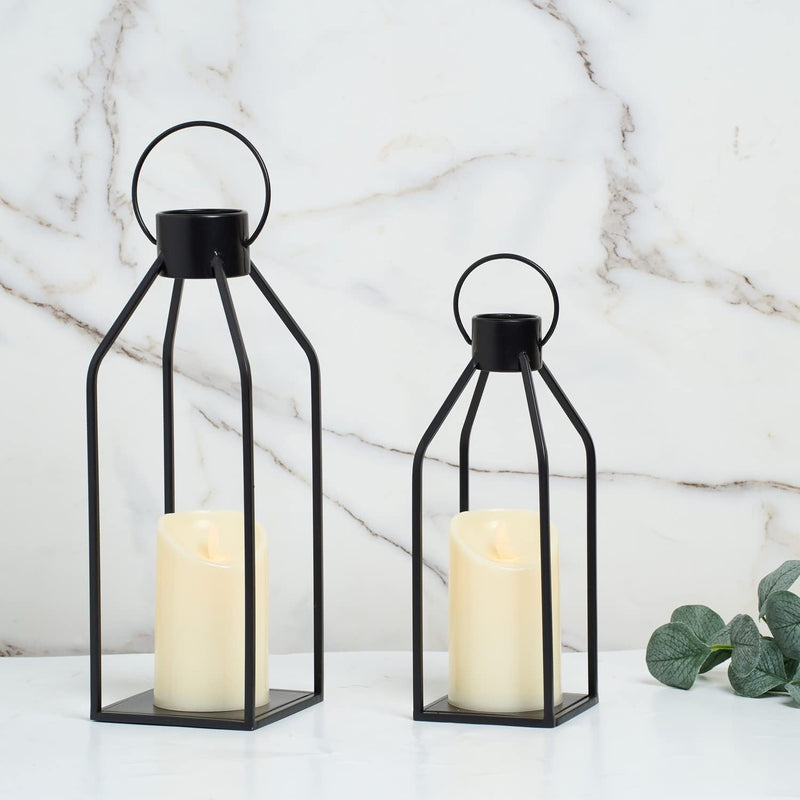Modern Farmhouse Lanterrn Decor- Black Metal Candle for Summer Night- Lanterns w/Timer Flickering Candles for Living Room,Home,Indoor, Outdoor,Table,Fireplace