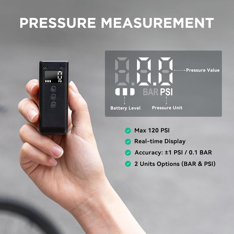CYCPLUS Tiny Bicycle Pump with Gauge, Max 120 PSI Electric Mini Pump, Auto Stop, with Presta and Schrader Valve for E-Bike, MTB, and Road Bike AS2 PRO(2025 Updated Version)