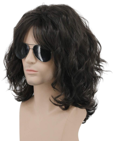 70s–80s Rocker Wig – Long Curly Dark Brown Costume Wig for Halloween or Cosplay