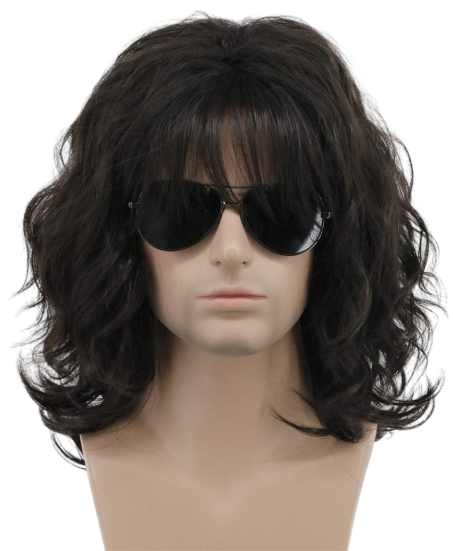 70s–80s Rocker Wig – Long Curly Dark Brown Costume Wig for Halloween or Cosplay