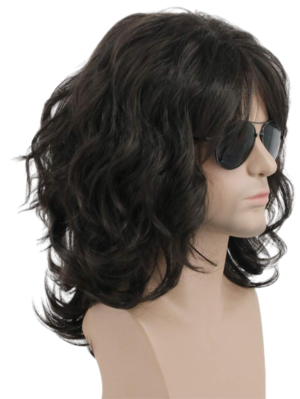 70s–80s Rocker Wig – Long Curly Dark Brown Costume Wig for Halloween or Cosplay