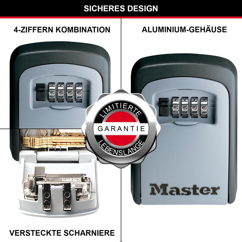 MASTER LOCK Key Safe Wall Mounted, Medium 85 x 119 x 36 mm, Outdoor, Mounting Kit, for Home Office Industries Vehicles, Black & Silver