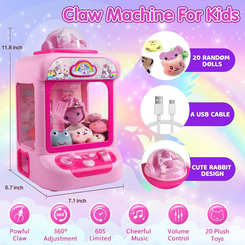 Claw Machine for Kids,Unicorn Mini Vending Machines Candy Grabber Prize Dispenser Toys for Girls,Electronic Arcade Game with 20 Mini Plush Toys for Christmas Easter Birthday Gifts