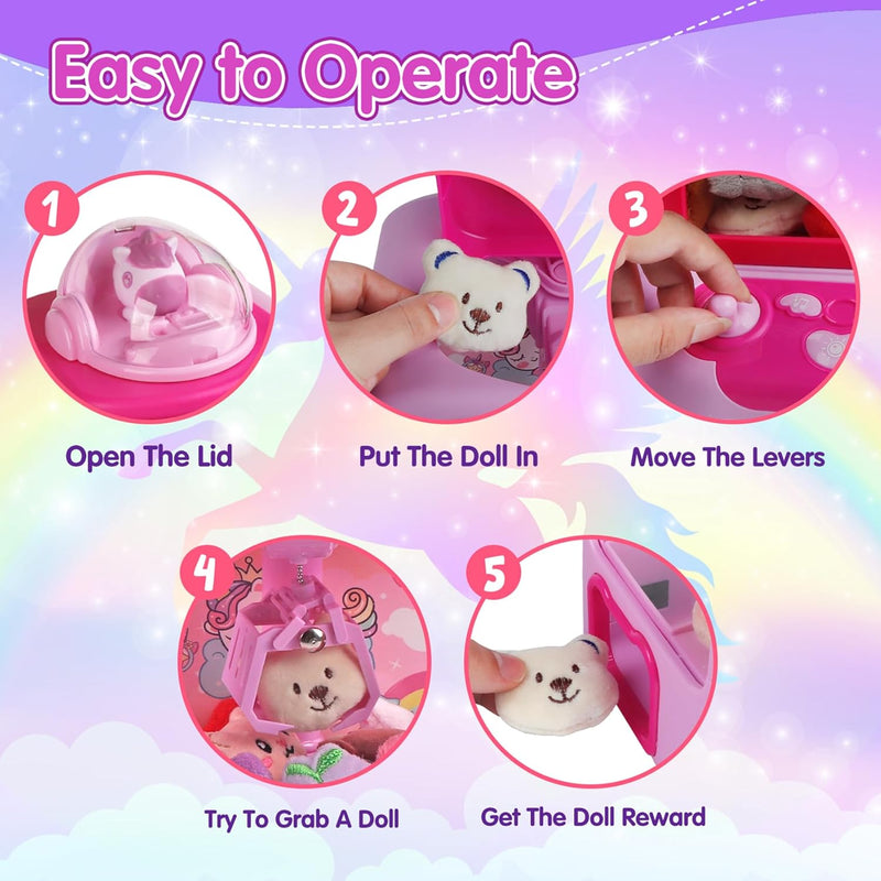 Claw Machine for Kids,Unicorn Mini Vending Machines Candy Grabber Prize Dispenser Toys for Girls,Electronic Arcade Game with 20 Mini Plush Toys for Christmas Easter Birthday Gifts