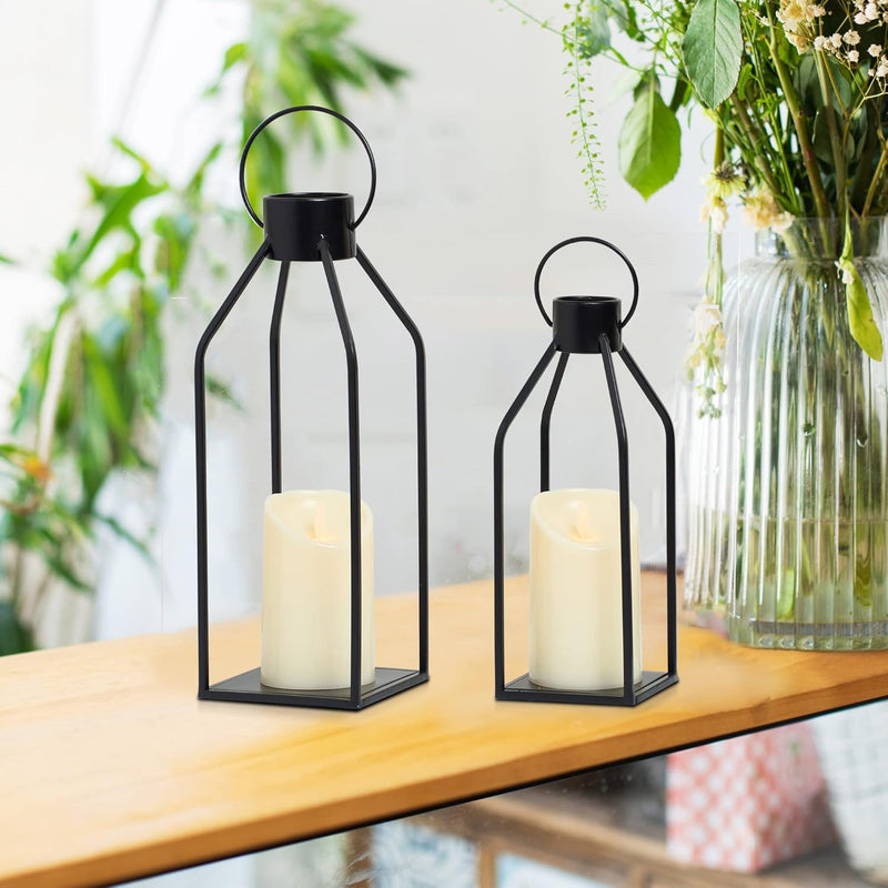 Modern Farmhouse Lanterrn Decor- Black Metal Candle for Summer Night- Lanterns w/Timer Flickering Candles for Living Room,Home,Indoor, Outdoor,Table,Fireplace