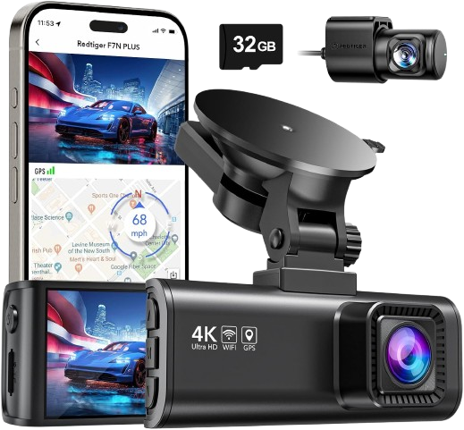REDTIGER Dash Cam Front Rear, 4K/2.5K Full HD Dash Camera for Cars, Free 32GB Card, Built-in Wi-Fi GPS, 3.16” IPS Screen, Night Vision, 170°Wide Angle, WDR, 24H Parking Mode