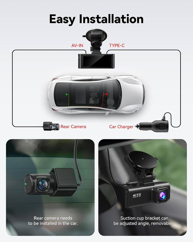 REDTIGER Dash Cam Front Rear, 4K/2.5K Full HD Dash Camera for Cars, Free 32GB Card, Built-in Wi-Fi GPS, 3.16” IPS Screen, Night Vision, 170°Wide Angle, WDR, 24H Parking Mode