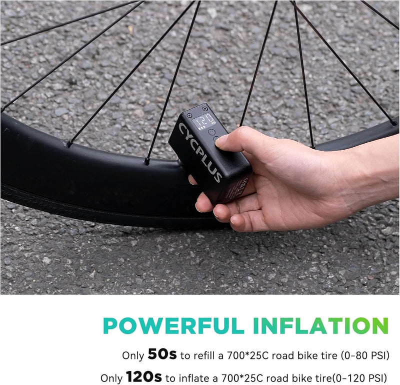 CYCPLUS Tiny Bicycle Pump with Gauge, Max 120 PSI Electric Mini Pump, Auto Stop, with Presta and Schrader Valve for E-Bike, MTB, and Road Bike AS2 PRO(2025 Updated Version)