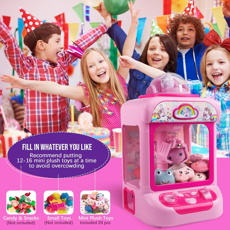 Claw Machine for Kids,Unicorn Mini Vending Machines Candy Grabber Prize Dispenser Toys for Girls,Electronic Arcade Game with 20 Mini Plush Toys for Christmas Easter Birthday Gifts