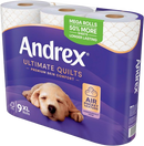 Andrex Ultimate Quilts Toilet Tissue 9 Mega Toilet Rolls = 13.5 Standard Toilet Rolls , Air Pocket Technology for Soft, Thick Sheets (Previously Andrex Supreme Quilts) 9 Mega Toilet Rolls