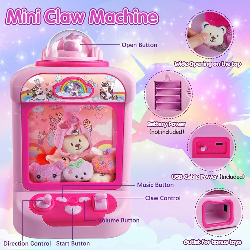 Claw Machine for Kids,Unicorn Mini Vending Machines Candy Grabber Prize Dispenser Toys for Girls,Electronic Arcade Game with 20 Mini Plush Toys for Christmas Easter Birthday Gifts