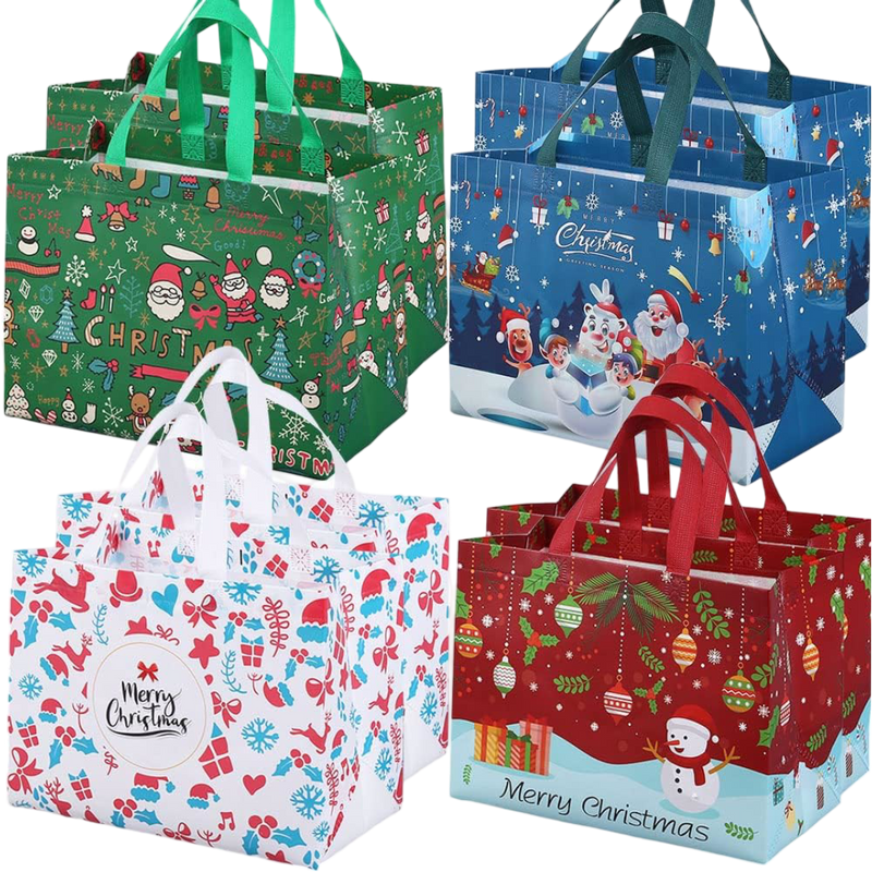 8 Pack Christmas Reusable Grocery Bag,Tote Bag with Handle, Gift Present Bag, Shopping Bag for Holiday Xmas Event Party