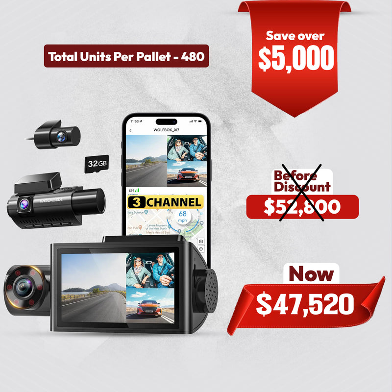 WOLFBOX i07 3 Channel Dash Cam – 4K Front, Inside Triple Camera with Wi-Fi, GPS & 32GB Card