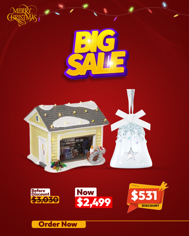 Snow Village Christmas Vacation Griswold Holiday Garage Lit Building & Bell & Star Holiday Ornament, Small, Clear Crystals