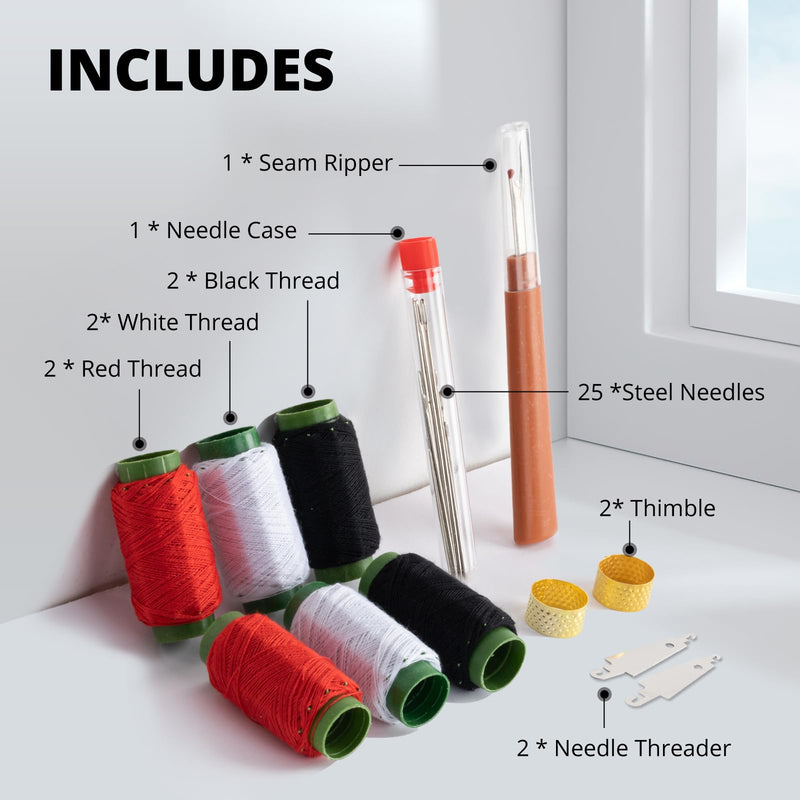 Big Eye Steel Sewing Needles Kit 37pcs – Stainless Steel Needles with Thread Ripper, Threaders, Threads & Thimbles