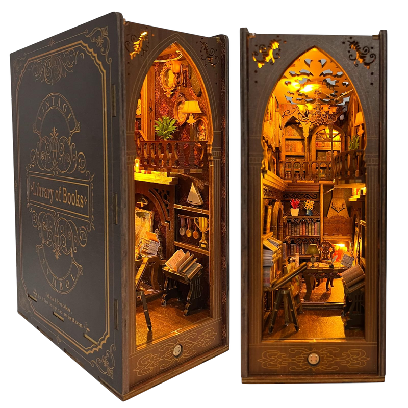 Book Nook Kit – DIY Wooden Dollhouse Booknook with Sensor LED Light