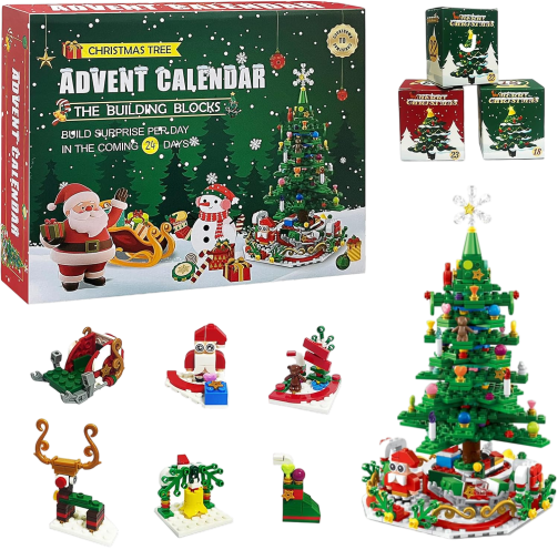 Christmas Tree 701 Pieces 24 in 1 Building Blocks Set Toy, 24 Days Xmas Countdown Calendar, Creative and Fun Cute Christmas Gifts