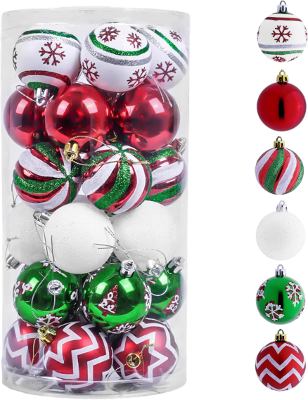 Christmas Tree Ornaments 30 Piece Set Red Green White Shatterproof Baubles for Holiday Decoration