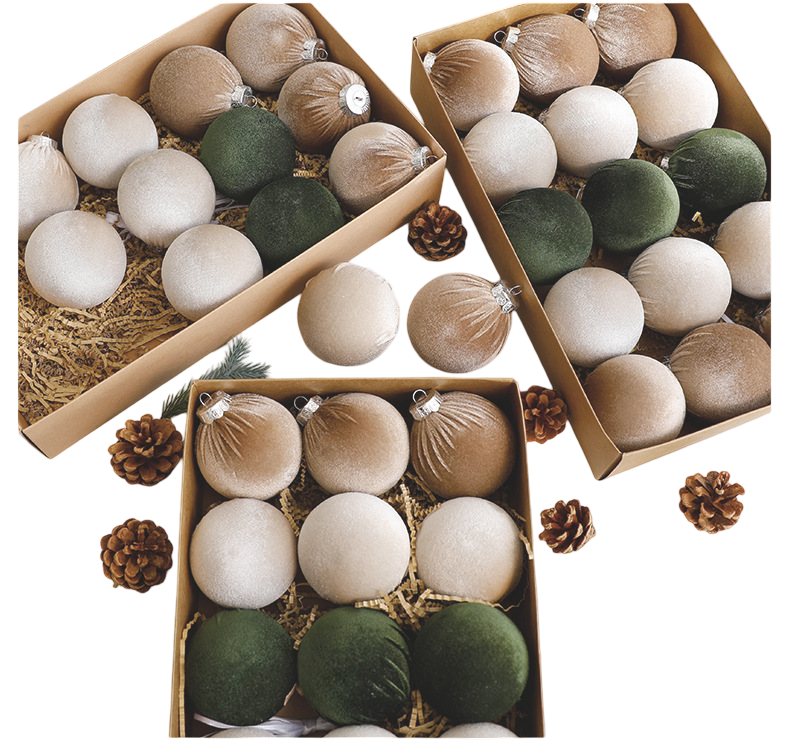 Christmas Tree Ornaments Velvet Balls Pack of 15 Shatterproof Xmas Bulbs Multicolor Green Brown Neutral