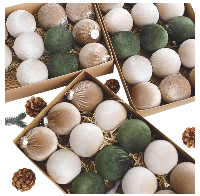 Christmas Tree Ornaments Velvet Balls Pack of 15 Shatterproof Xmas Bulbs Multicolor Green Brown Neutral