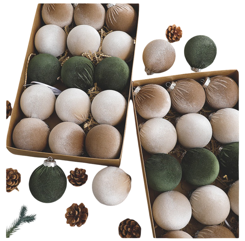 Christmas Tree Ornaments Velvet Balls Pack of 15 Shatterproof Xmas Bulbs Multicolor Green Brown Neutral