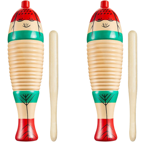 Christmas Wooden Fish Guiro Instrument with Rhythm Sticks – Set of 4