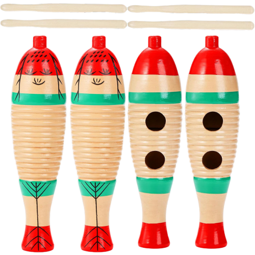 Christmas Wooden Fish Guiro Instrument with Rhythm Sticks – Set of 4