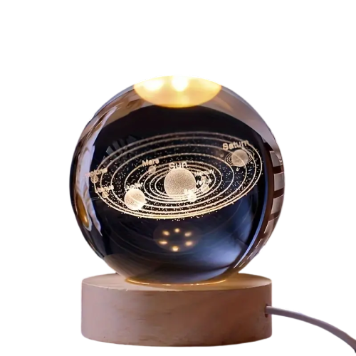 Crystal Ball - 3D Sun System Planets Model Globe with Wooden Base - Unique Home Decorative Ornament