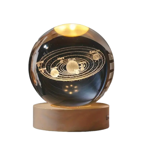 Crystal Ball - 3D Sun System Planets Model Globe with Wooden Base - Unique Home Decorative Ornament