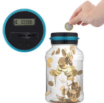 Digital Counting Money Jar: Large Coin Bank with LCD Display - Automated Coin Counter, Wireless, Battery Operated