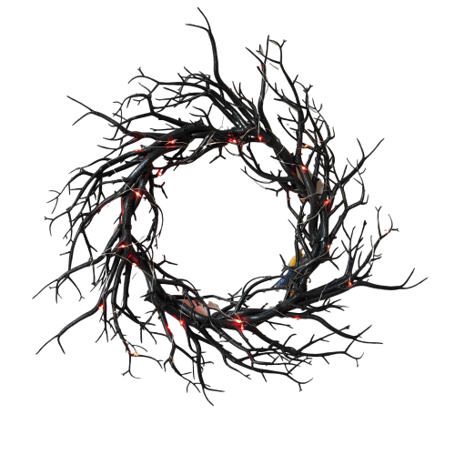 Halloween Black Branch Wreath Signs for Front Door with Red Lights