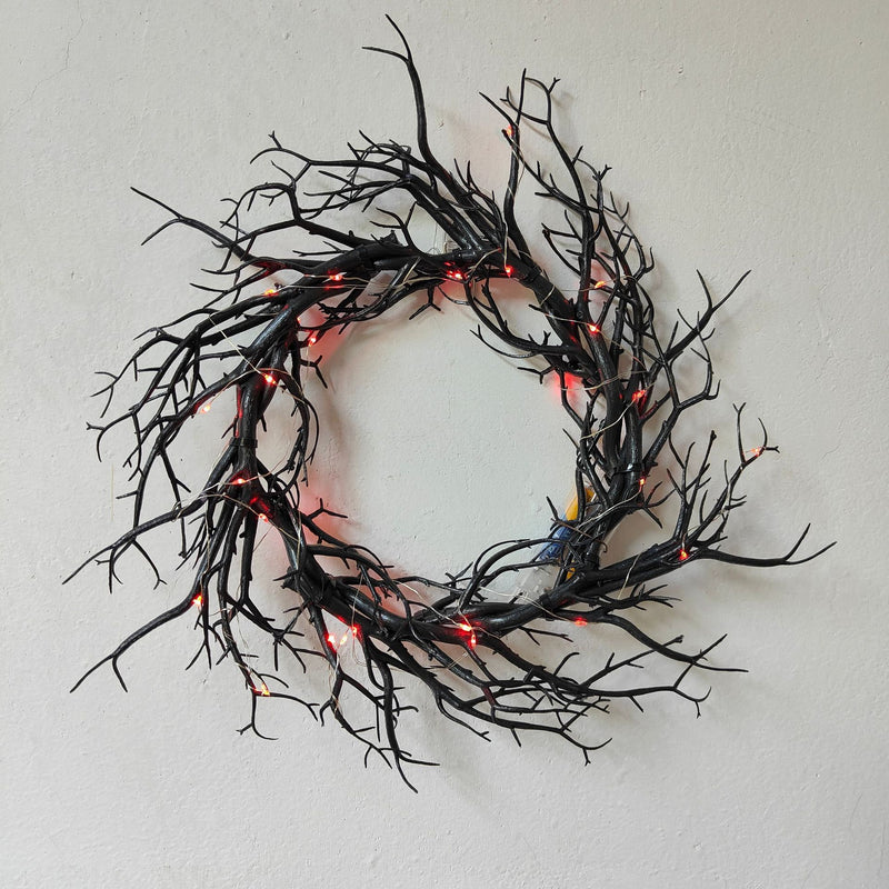 Halloween Black Branch Wreath Signs for Front Door with Red Lights