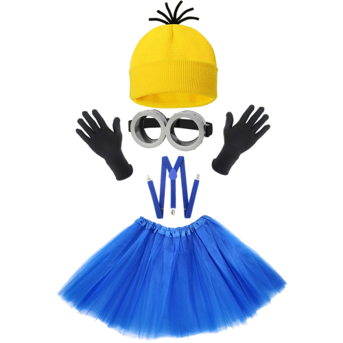 Halloween Costume for Adult Women - Goggles, Yellow Beanie, Blue Dress, Suspenders, Gloves