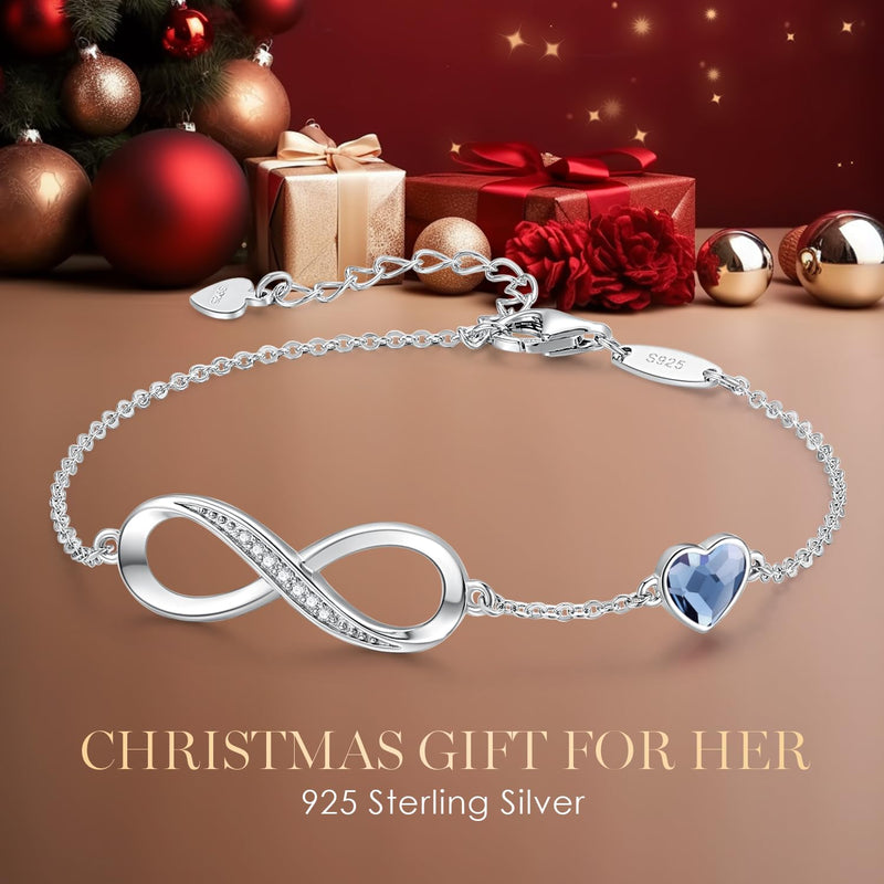 Infinity Heart Birthstone Charm Link Bracelet for Women 925 Sterling Silver Adjustable Gift for Wife Girlfriend