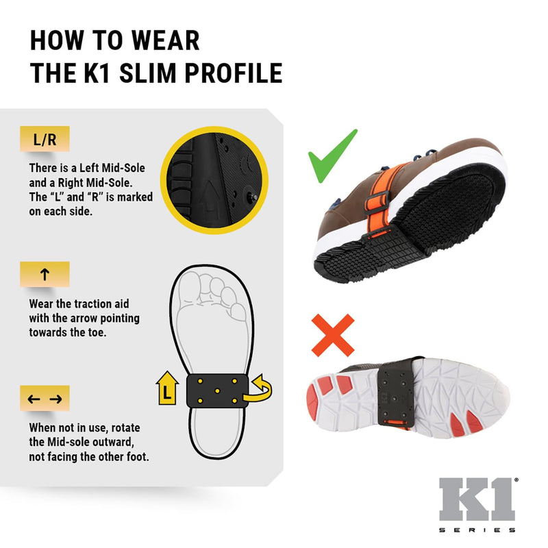 K1 Mid-Sole Ice Cleats - Rotatable Traction Aids For Flat Shoes - Indoor/Outdoor, Climbing, Driving - Slim Profile - Orange