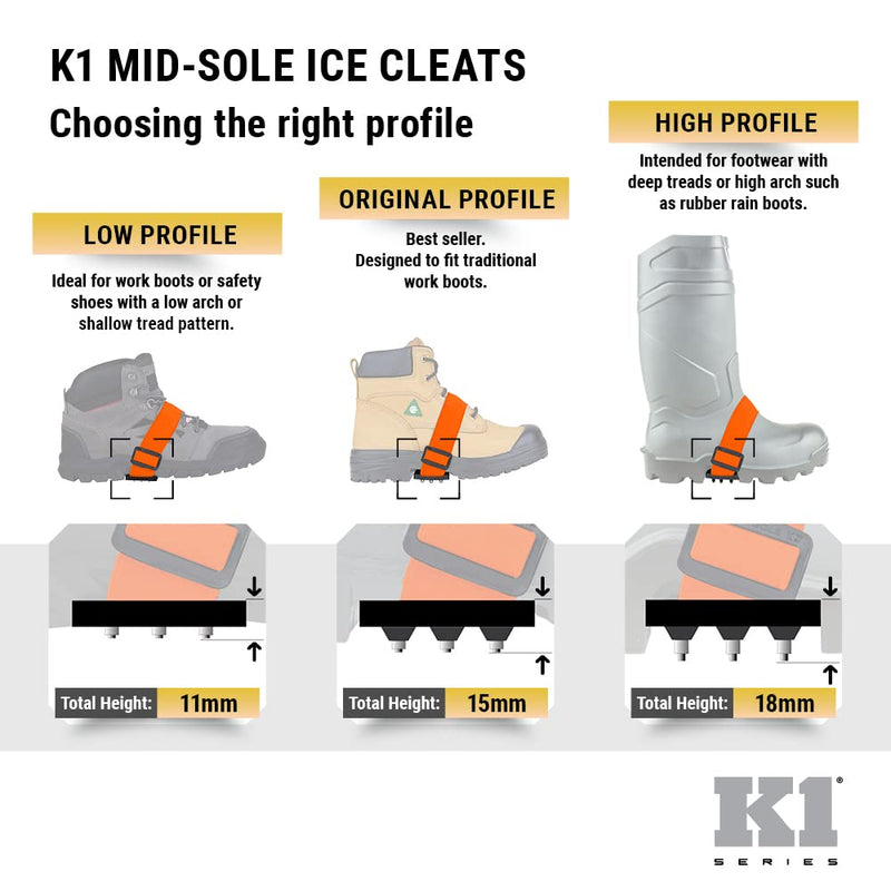 K1 Mid-Sole Intrinsic Ice Cleats - Rotatable Non-Sparking Traction Aids For Shoes/Boots - Low Profile - Orange