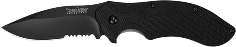 Kershaw Clash Black Serrated Pocketknife, 3" 8Cr13MoV Steel Drop Point Blade, Assisted One-Handed Flipper Opening, Folding Utility EDC