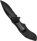 Kershaw Clash Black Serrated Pocketknife, 3" 8Cr13MoV Steel Drop Point Blade, Assisted One-Handed Flipper Opening, Folding Utility EDC