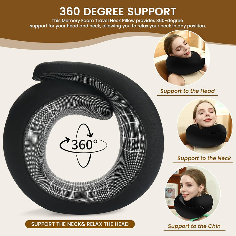 Memory Foam Travel Neck Pillow Airplane & Car Support, Black / Grey / Light Grey