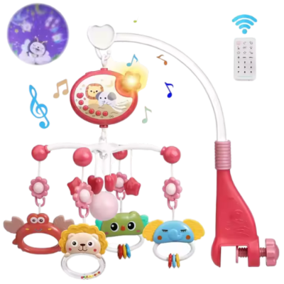 Mini Tudou Baby Musical Crib Mobile with Star Projection & Timing Function,Remote Control Music Box with Muisc & Night Lights,Hanging Rotating Animal Rattles for Kids,Toy for Newborn