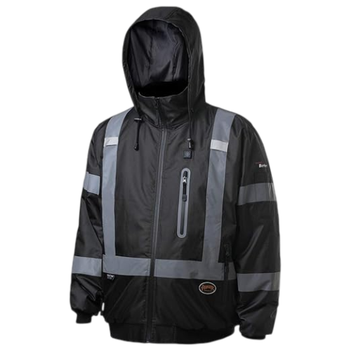 Pioneer Hi Vis Waterproof Heated Safety Bomber Jacket - Class 1 Winter Rain Gear for Men - Reflective Tape - Detachable Hood