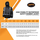 Pioneer Hi Vis Waterproof Heated Safety Bomber Jacket - Class 1 Winter Rain Gear for Men - Reflective Tape - Detachable Hood